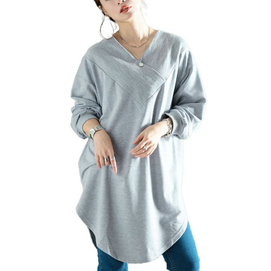 大きいサイズ レディース 太リブ重ねVネックプルオーバー　bai-0029 杢グレー