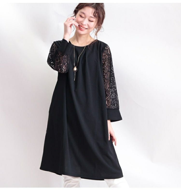 大きいサイズ レディース パールチャーム付き袖レースワンピース　mncut-112035