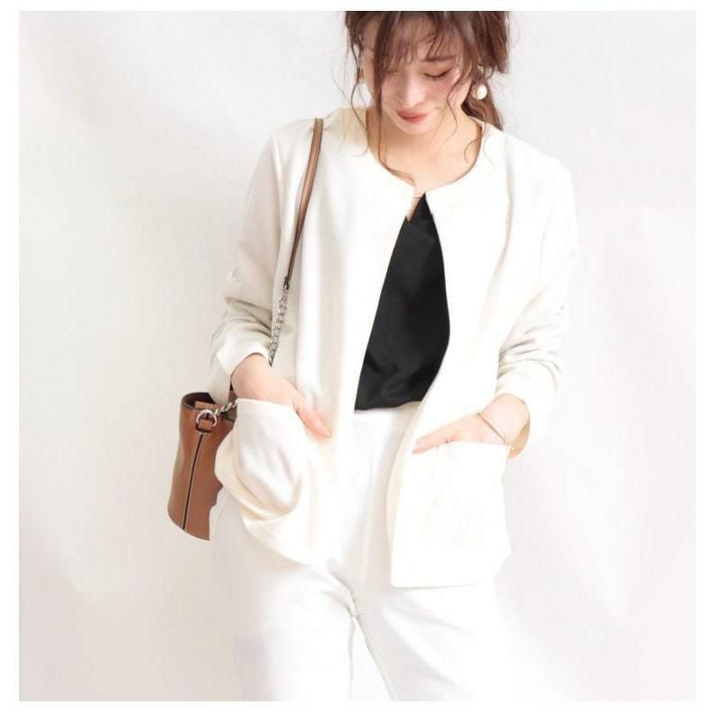 大きいサイズ レディース ノーカラージャケット　mncut-112031 アイボリー