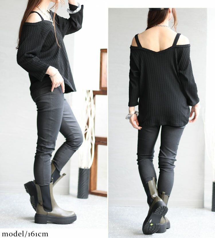 大きいサイズ レディース Vネックオフショル長袖プルオーバー　mncut-112455