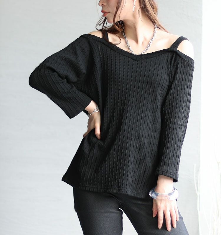 大きいサイズ レディース Vネックオフショル長袖プルオーバー　mncut-112455