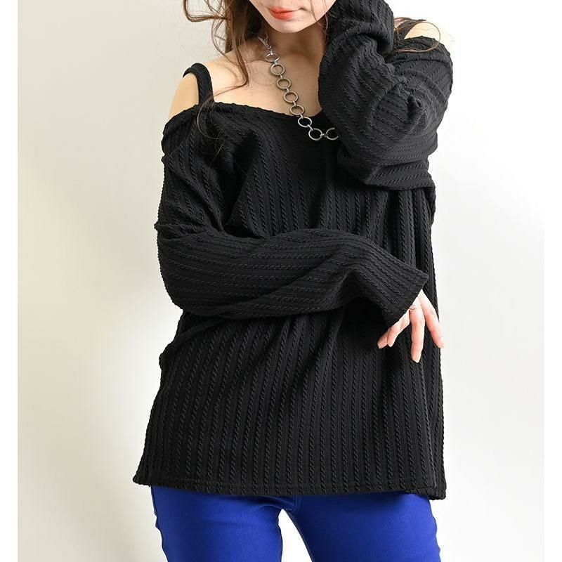 大きいサイズ レディース Vネックオフショル長袖プルオーバー　mncut-112455 ブラック