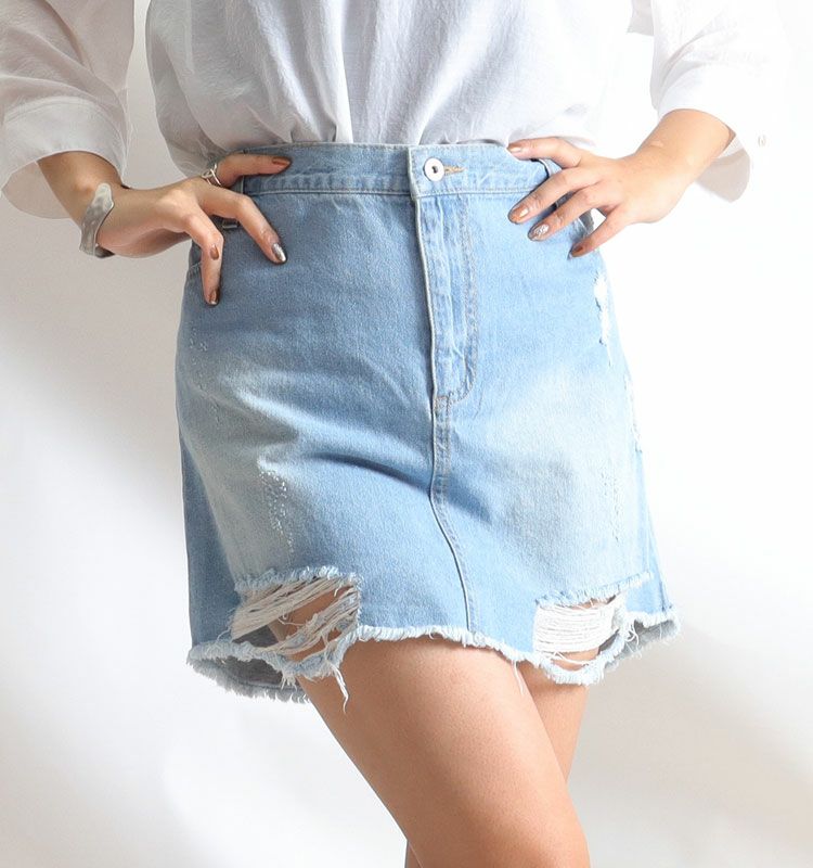 大きいサイズ レディース ダメージデニムミニスカート　tkb-127671120