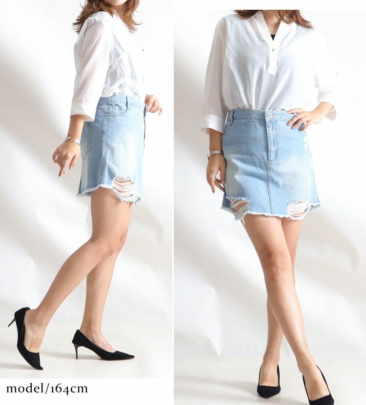大きいサイズ レディース ダメージデニムミニスカート　tkb-127671120