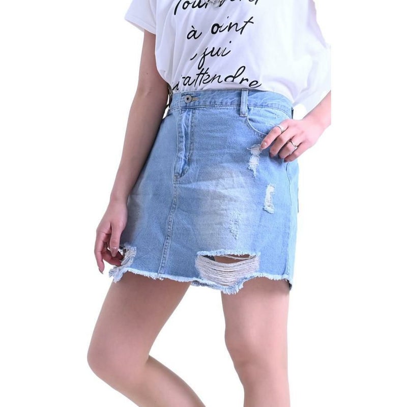 大きいサイズ レディース ダメージデニムミニスカート　tkb-127671120 サックス