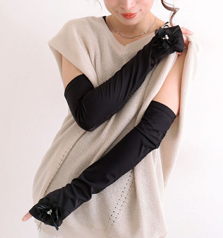 大きいサイズ レディース ビッグサイズ コサージュ付きUVカットアームカバー　jun-187 【メール便可】