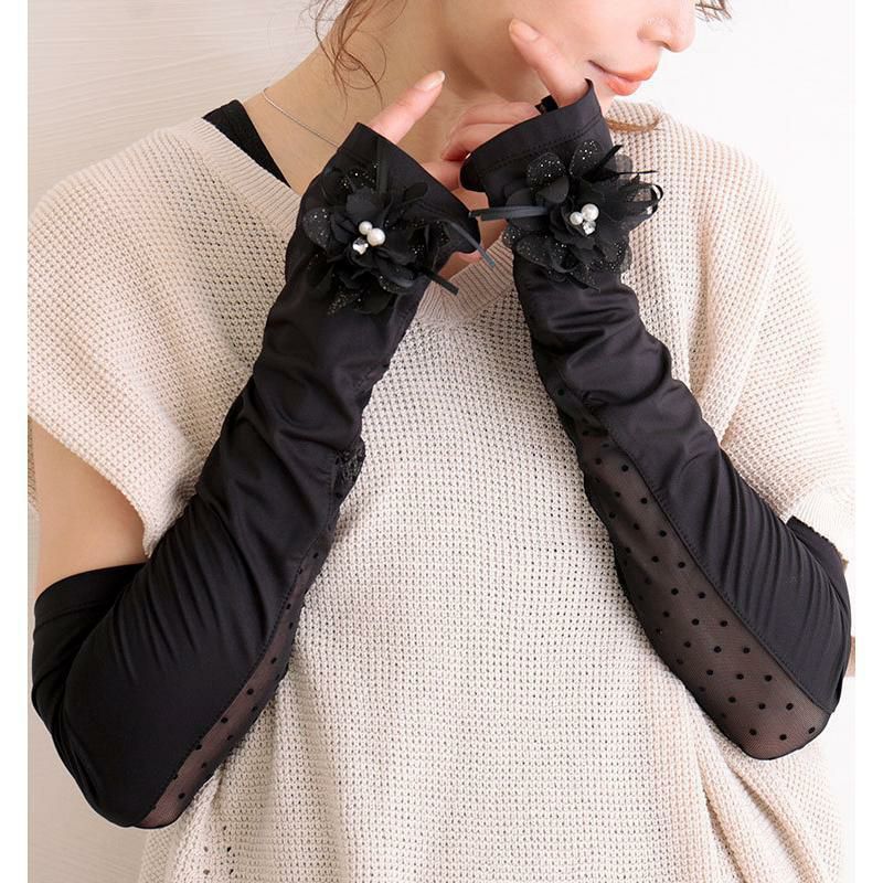 大きいサイズ レディース ビッグサイズ コサージュ付きUVカットアームカバー　jun-187 【メール便可】 ブラック