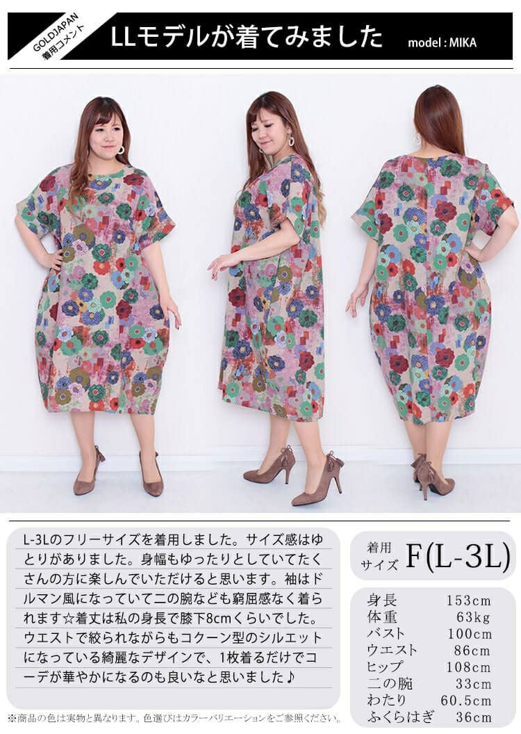 大きいサイズ レディース ビッグサイズ フラワープリント半袖ワンピース　goldy-640 【メール便可】