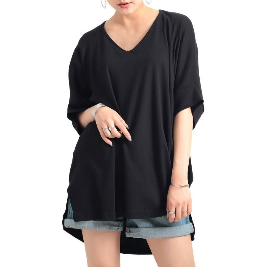 大きいサイズ レディース ビッグサイズ サイドスリットドルマンチュニックカットソー　wk-gold-095 ブラック
