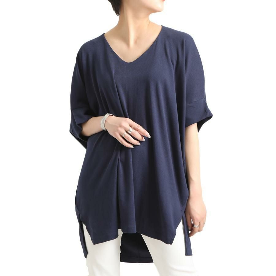 大きいサイズ レディース ビッグサイズ サイドスリットドルマンチュニックカットソー　wk-gold-095 ネイビー