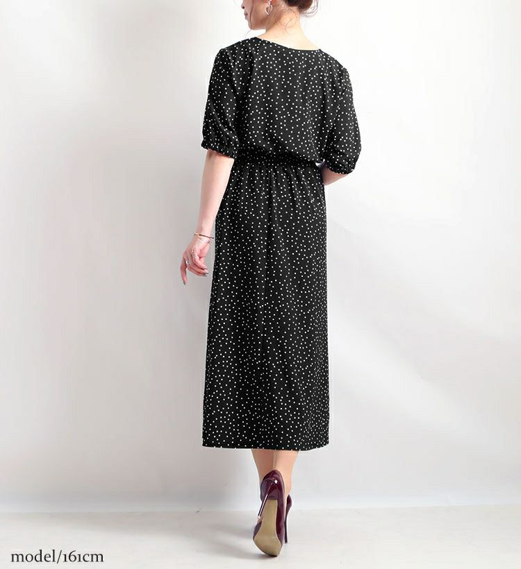 大きいサイズ レディース ビッグサイズ ドット柄ウエストシャーリングワンピース　maru-6389st