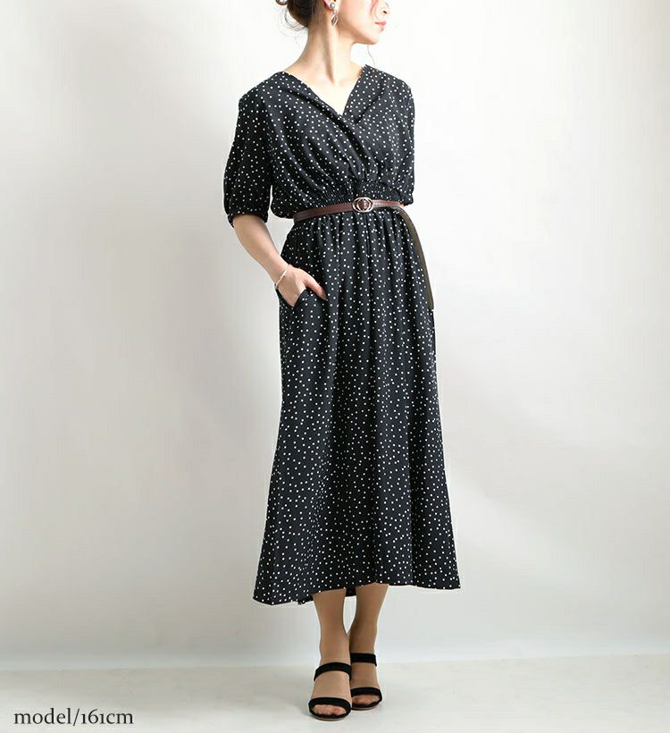 大きいサイズ レディース ビッグサイズ ドット柄ウエストシャーリングワンピース　maru-6389st