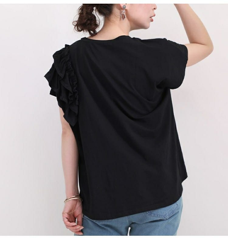 ヨリ ビッグフリルTシャツ カットソー F 黒 ブラック 半袖 無地 楽天市場】UNIVERSAL TISSU クラシック天竺 フリルTシャツ クロ