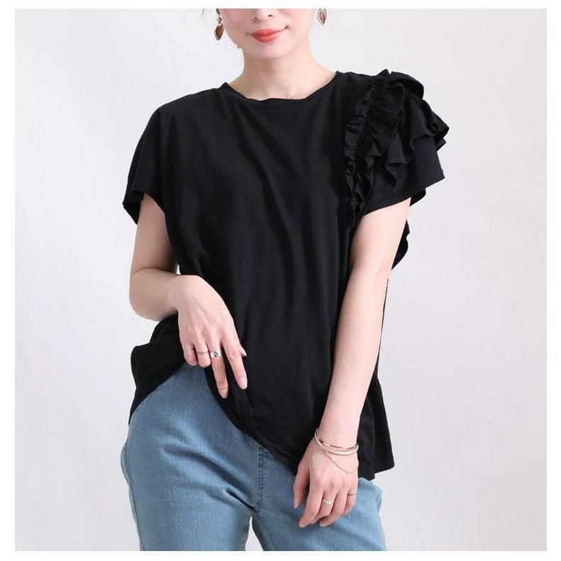 大きいサイズ レディース ビッグサイズ 片袖フリルTシャツ　wk-0243 【メール便可】 ブラック
