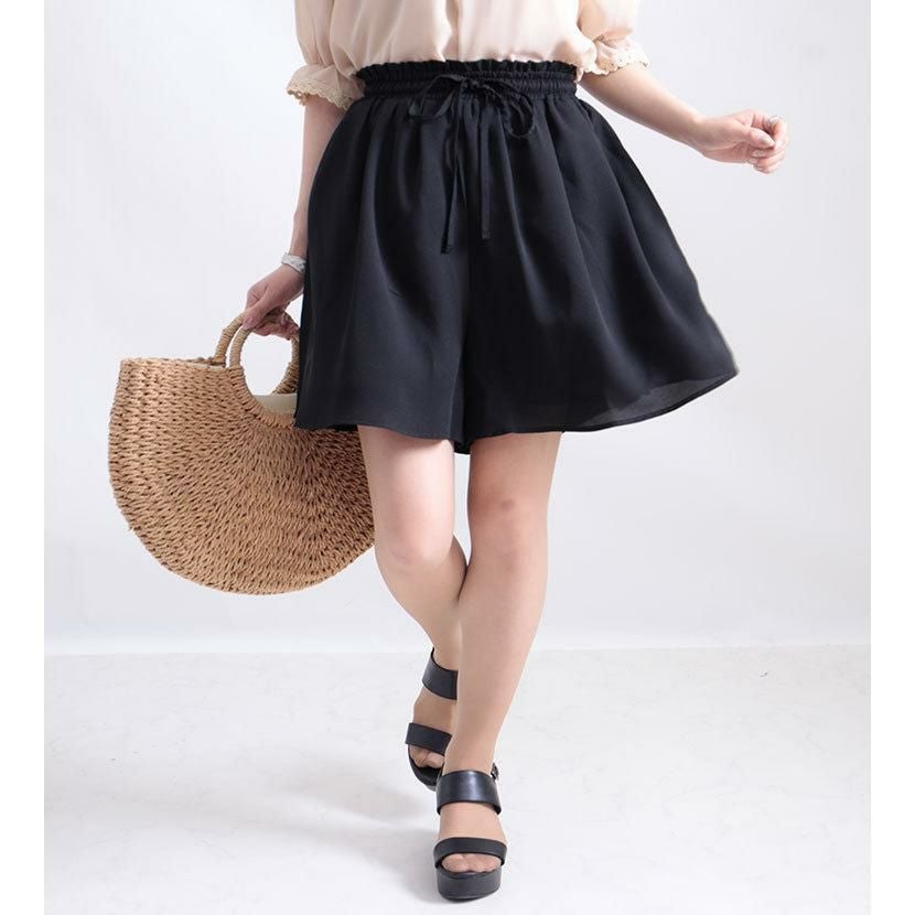 大きいサイズ レディース ビッグサイズ ウエスト紐付きフレアショートパンツ　sw-0358 ブラック