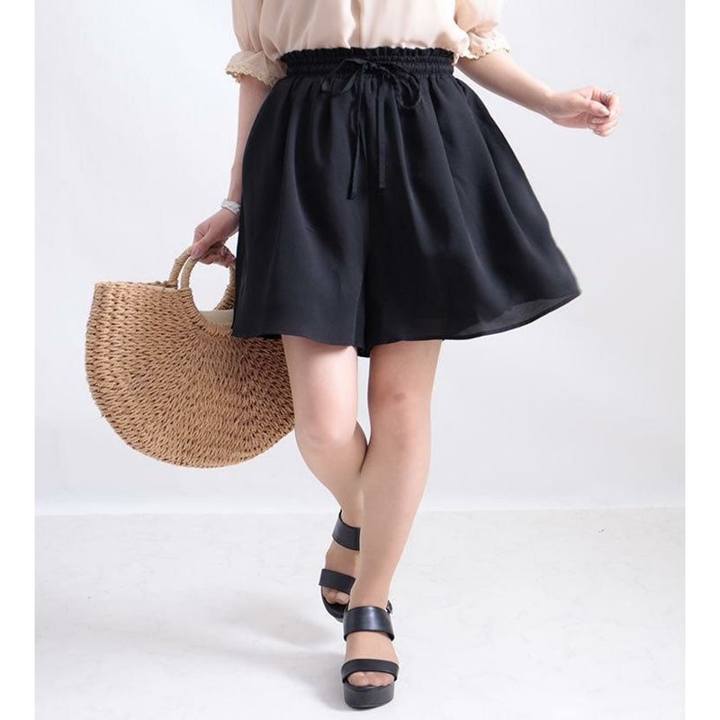 大きいサイズ レディース ビッグサイズ ウエスト紐付きフレアショートパンツ　sw-0358 ブラック