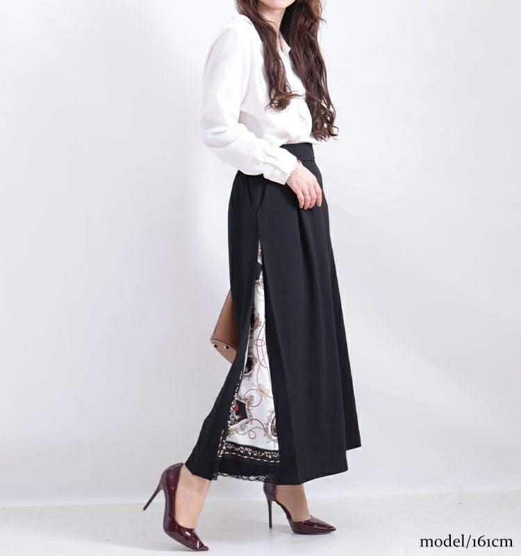 大きいサイズ レディース ビッグサイズ サイドスカーフ柄切替えワイドパンツ　nw-21002