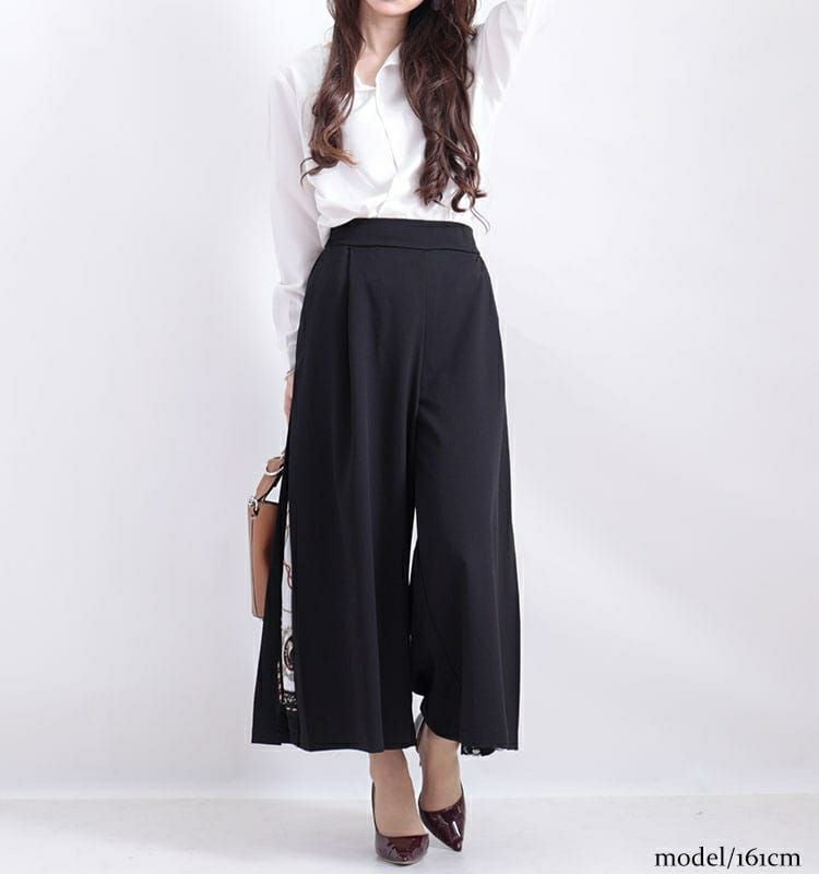 大きいサイズ レディース ビッグサイズ サイドスカーフ柄切替えワイドパンツ　nw-21002