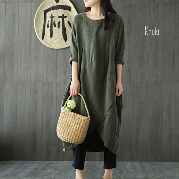 大きいサイズ レディース 綿麻混コクーンシルエットワンピース　goldy-652