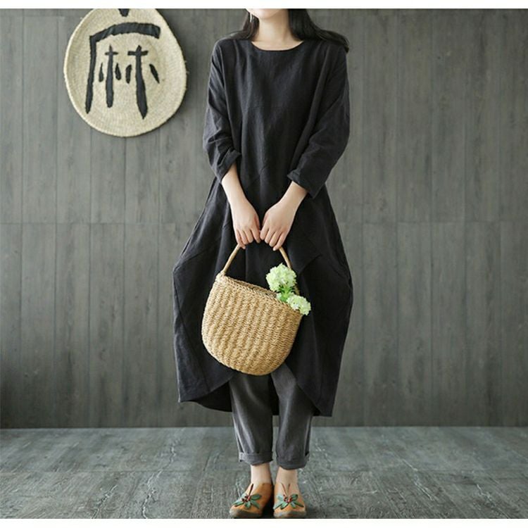 大きいサイズ レディース 綿麻混コクーンシルエットワンピース　goldy-652