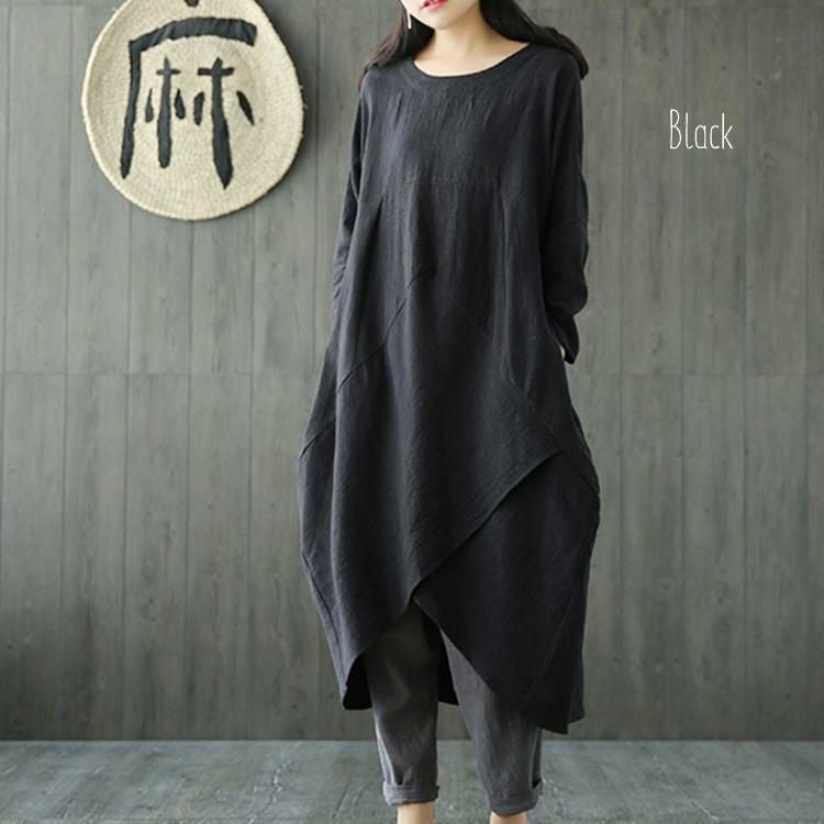 大きいサイズ レディース 綿麻混コクーンシルエットワンピース　goldy-652 ブラック