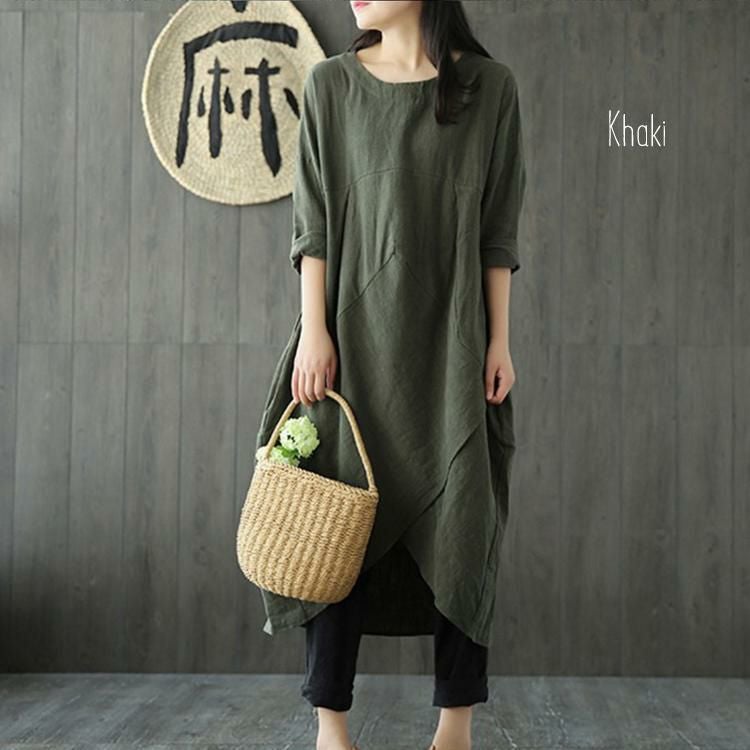 大きいサイズ レディース 綿麻混コクーンシルエットワンピース　goldy-652 カーキ