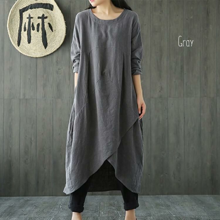 大きいサイズ レディース 綿麻混コクーンシルエットワンピース　goldy-652 グレー