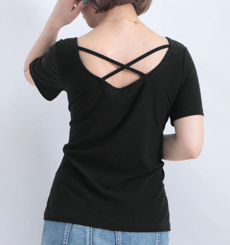 大きいサイズ レディース フロントクロス半袖トップス　jp345