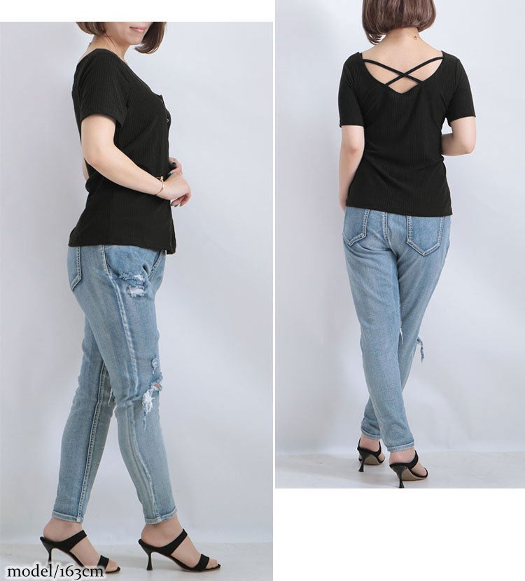 大きいサイズ レディース フロントクロス半袖トップス　jp345