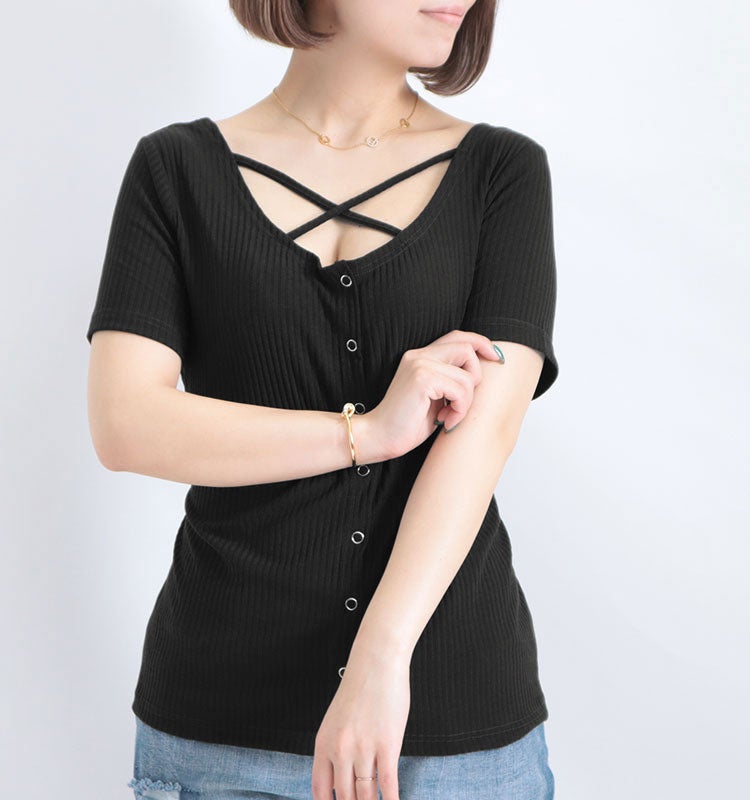 大きいサイズ レディース フロントクロス半袖トップス　jp345