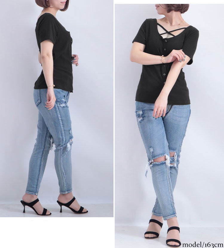 大きいサイズ レディース フロントクロス半袖トップス　jp345