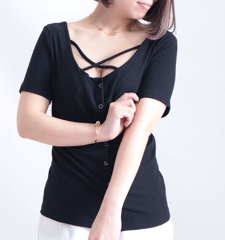 大きいサイズ レディース フロントクロス半袖トップス　jp345