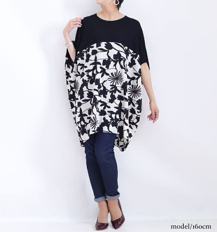 大きいサイズ レディース シフォン切替花柄プリントチュニック　jp349 【メール便可】