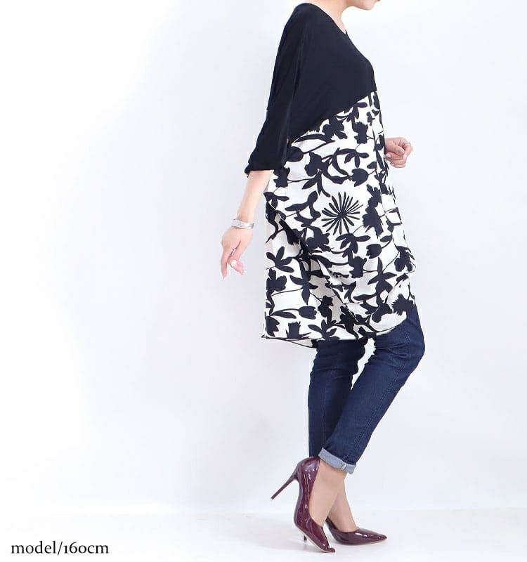 大きいサイズ レディース シフォン切替花柄プリントチュニック　jp349 【メール便可】