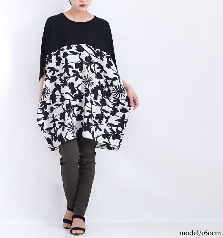 大きいサイズ レディース シフォン切替花柄プリントチュニック　jp349 【メール便可】