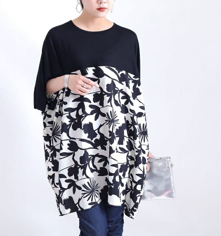 大きいサイズ レディース シフォン切替花柄プリントチュニック　jp349 【メール便可】
