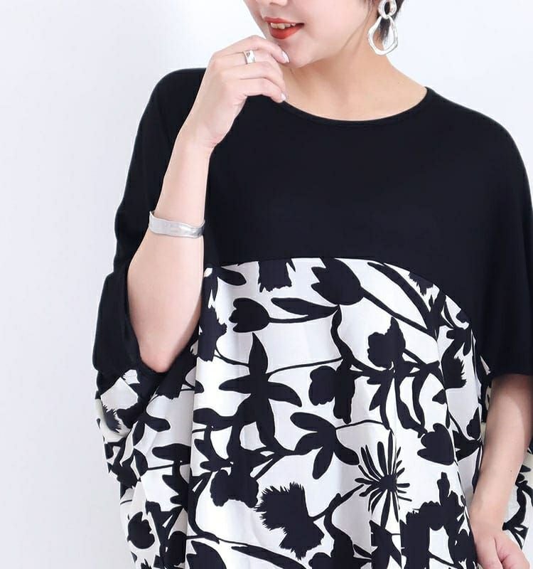 大きいサイズ レディース シフォン切替花柄プリントチュニック　jp349 【メール便可】
