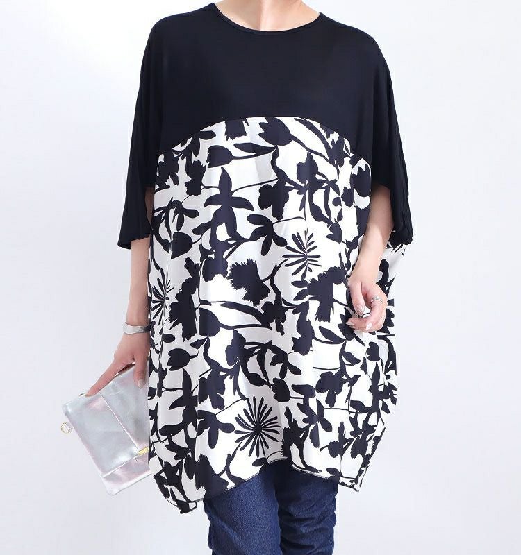 大きいサイズ レディース シフォン切替花柄プリントチュニック　jp349 【メール便可】