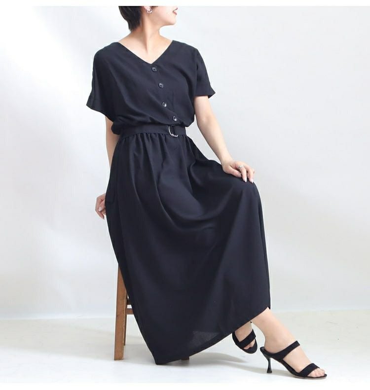 大きいサイズ レディース ウエストマークVネックワンピース　sw-0372