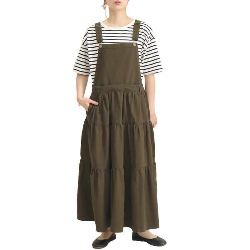 大きいサイズ レディース ティアードサロペットスカート　wc-0244 カーキ