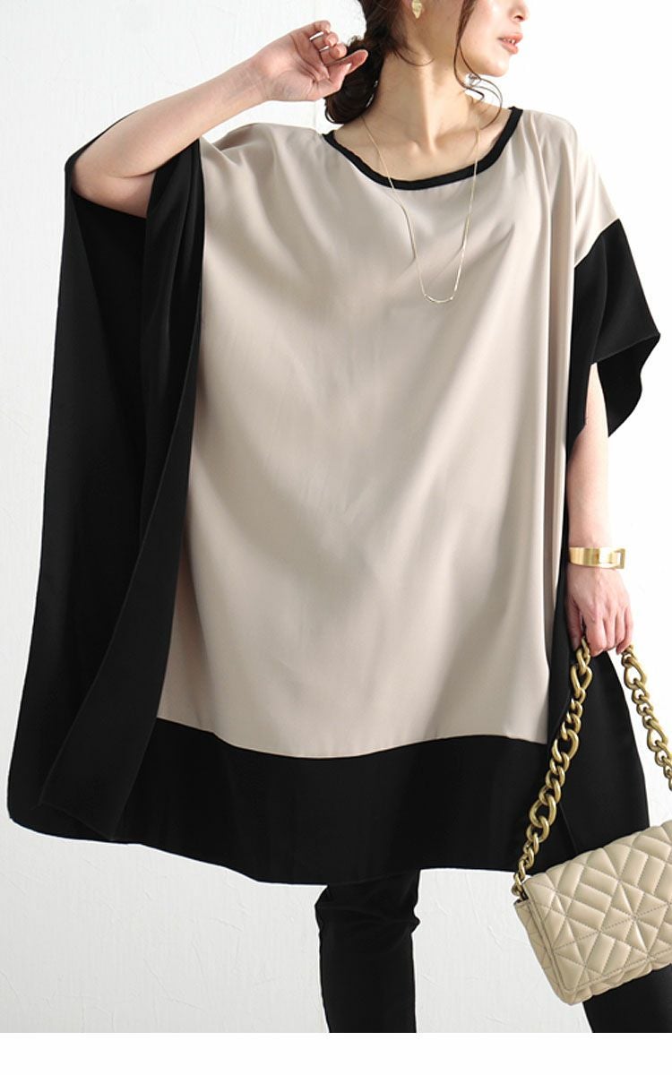 大きいサイズ レディース バイカラープルオーバーチュニック　jp343