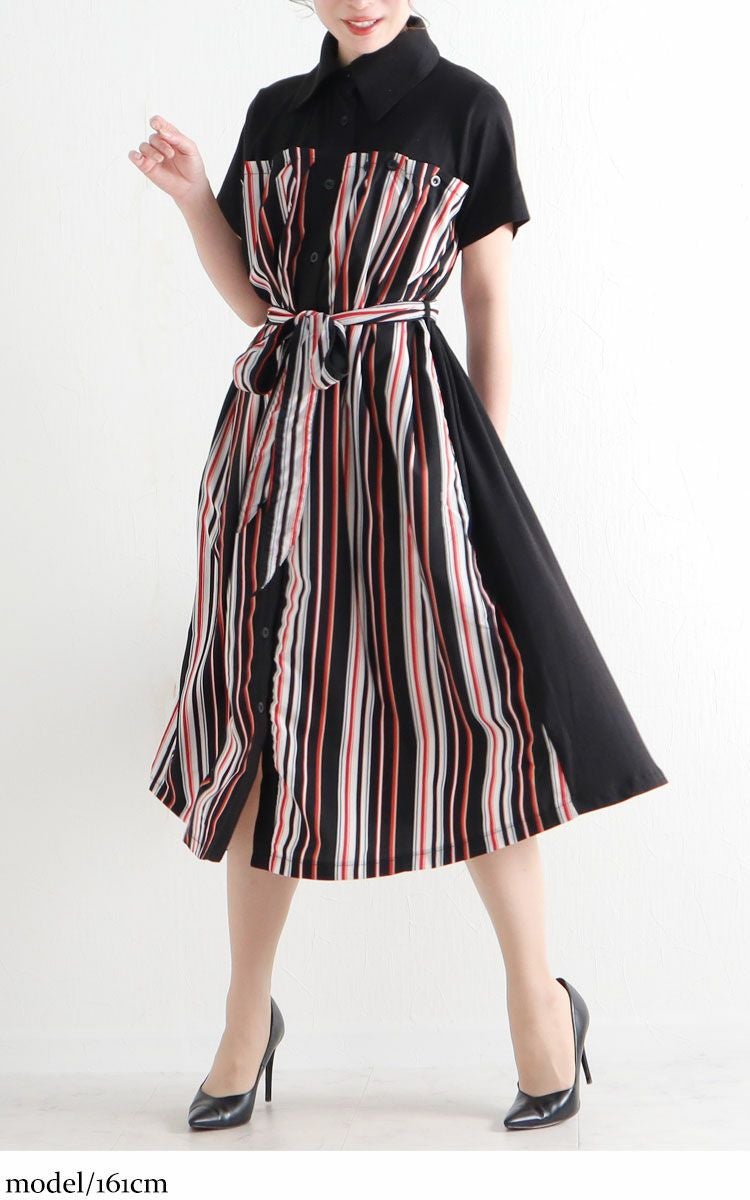 大きいサイズ レディース マルチストライプ柄シャツワンピース　jp324