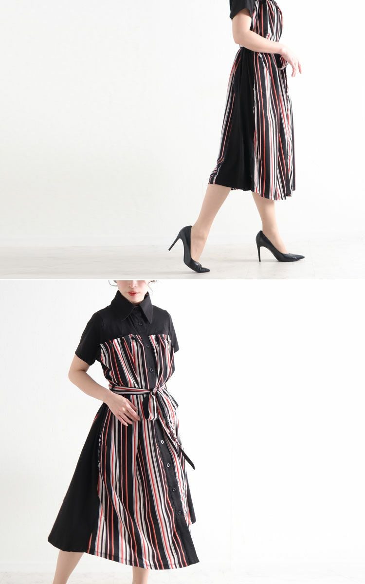 大きいサイズ レディース マルチストライプ柄シャツワンピース　jp324