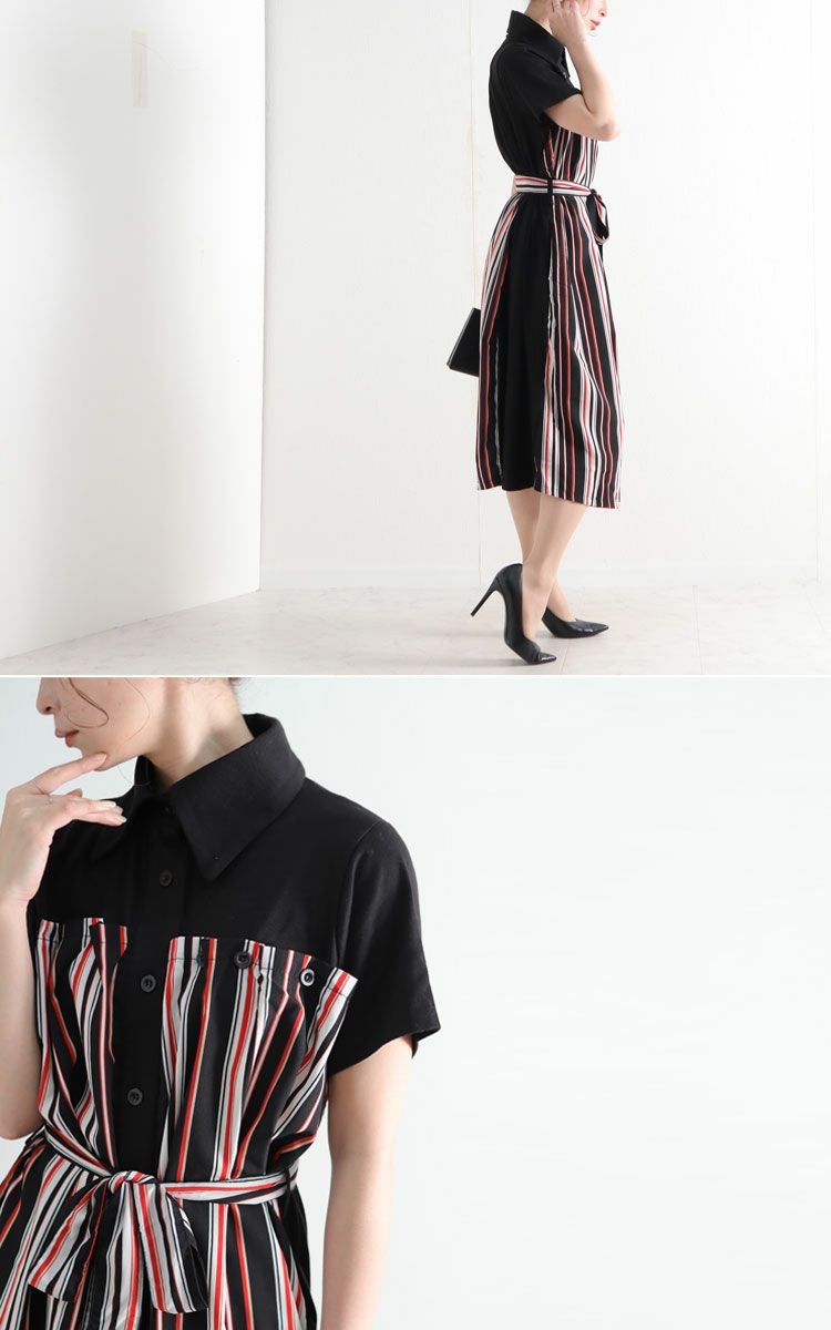 大きいサイズ レディース マルチストライプ柄シャツワンピース　jp324
