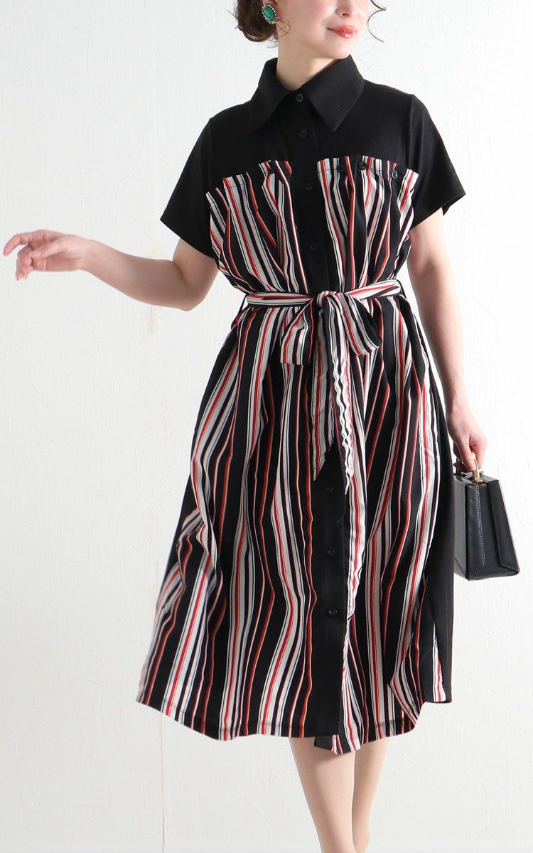 大きいサイズ レディース マルチストライプ柄シャツワンピース　jp324