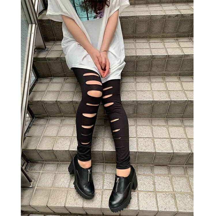 大きいサイズ レディース カッティングブラックレギンス　goldy-679 【メール便可】