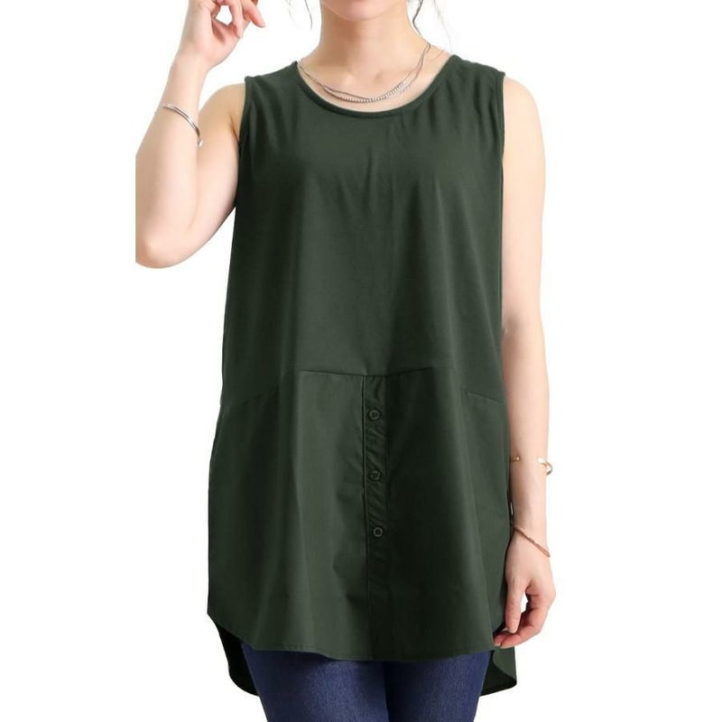 大きいサイズ レディース 裾布帛フェイクタンク　cros-130058 カーキ