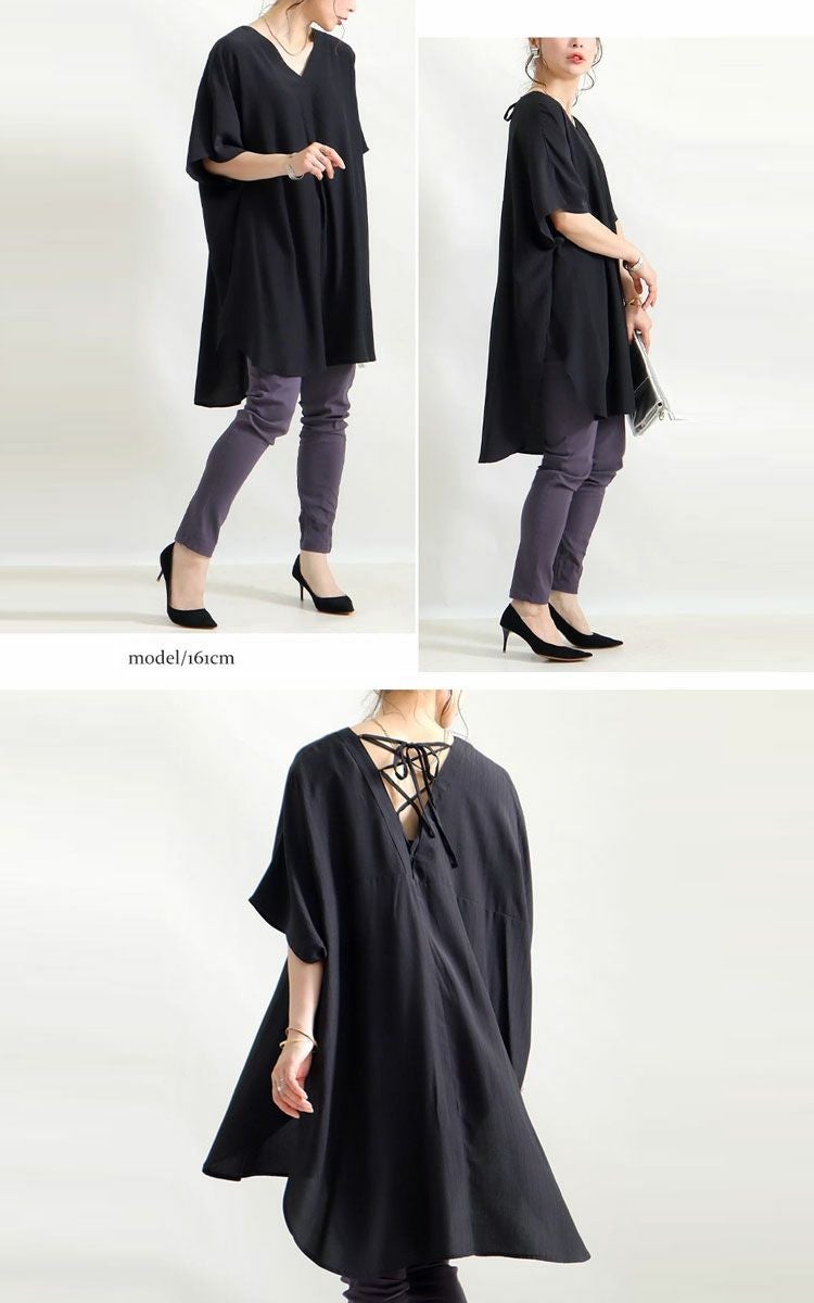 大きいサイズ レディース バックレースアップＶネックチュニック　bai-0066