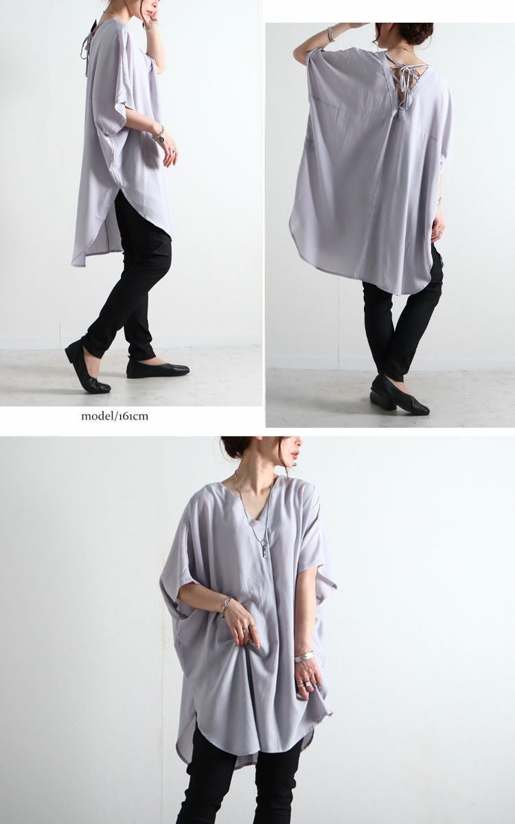 大きいサイズ レディース バックレースアップＶネックチュニック　bai-0066