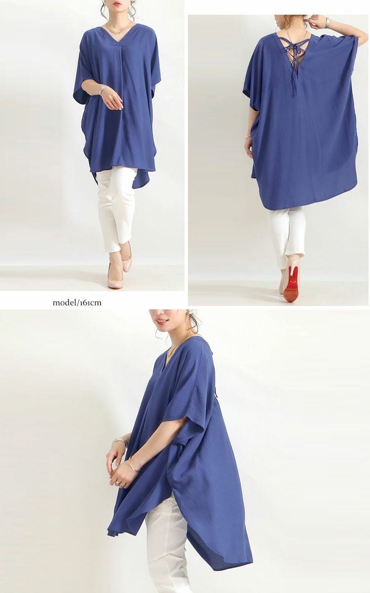 大きいサイズ レディース バックレースアップＶネックチュニック　bai-0066